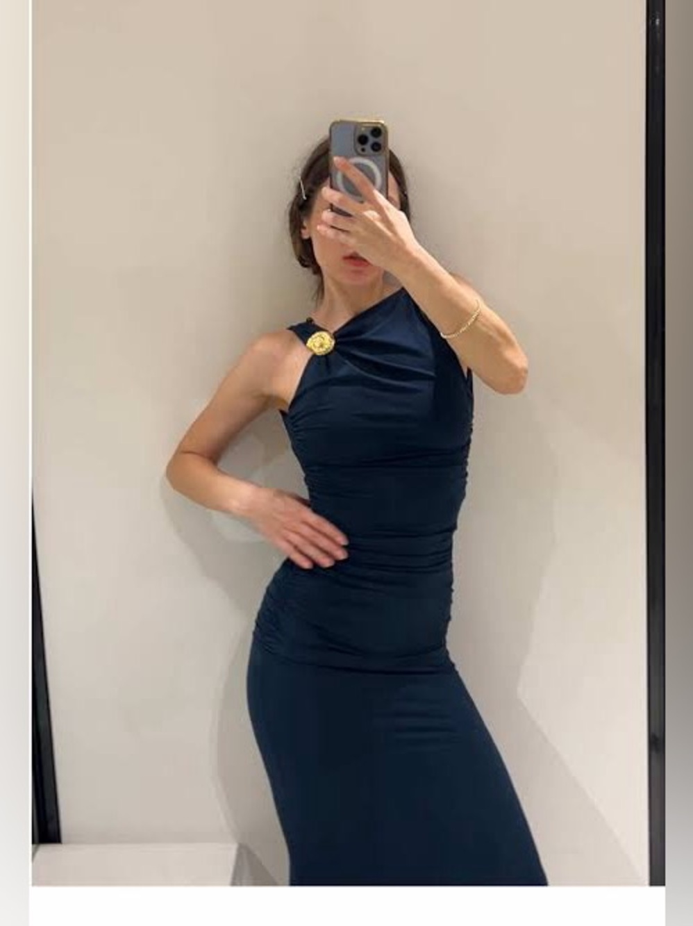 Zara One-Shoulder Navy Bodycon Midi Dress